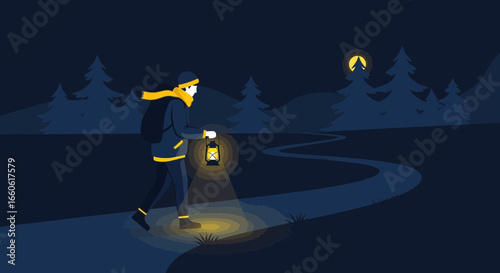 Night Walker Person Hiker Holding Lantern Illustration In The Forest Landscape