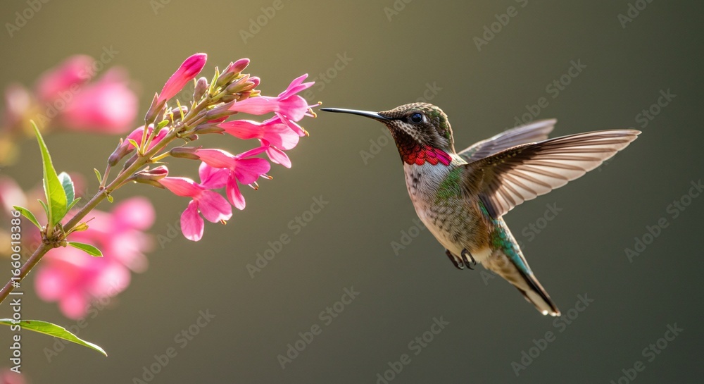 Fototapeta premium Hummingbird Feeding on Pink Flowers in Soft Focus Sunlight.