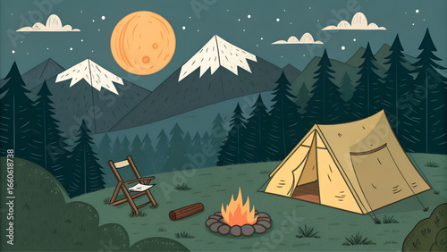Scenic illustration of a camping tent, campfire, chair, and mountains under moonlit sky, representing adventure, outdoor travel, and relaxation.