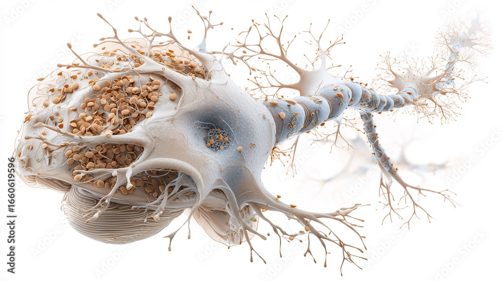 Fototapeta premium Alzheimers disease brain anatomy human neuron degeneration amyloid plaques tau tangles microscopic structure nervous system disorder cellular detail medical illustration clean white background