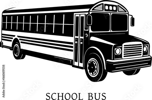 A Black school bus in bright yellow, hyper-realistic on white background