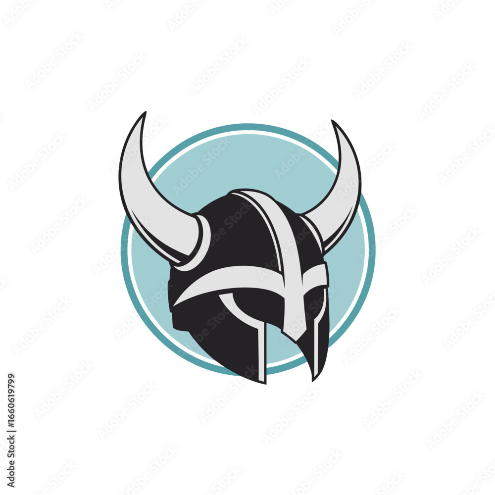 Obraz premium Classic Viking Warrior Helmet with Horns Icon Design on Blue Circle Background for Strength and Heritage Concepts