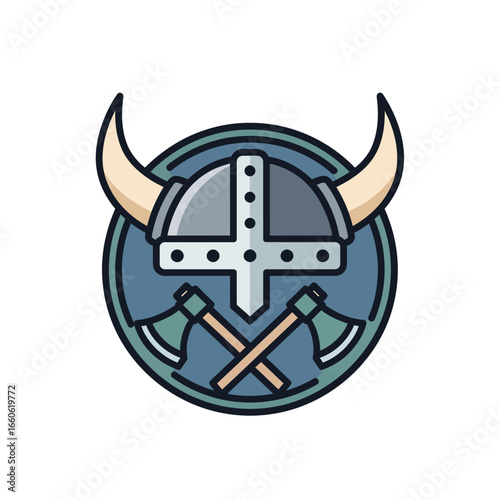 Ancient Viking Helmet with Prominent Horns and Crossed Battle Axes Emblem Icon Graphic Design Element for Historical
