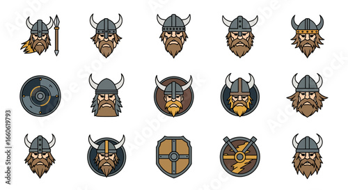 Cartoon Viking Warrior Heads with Horned Helmets and Traditional Shields Icon Set Illustrating Norse Mythology