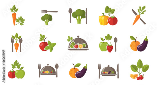 Collection of Healthy Food and Nutrition Icons for Balanced Diet and Wellness Concepts in Flat Design Style