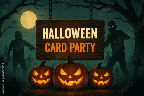 Watercolor Halloween Party Card – Pumpkins & Zombies in Graveyard with Wooden Board