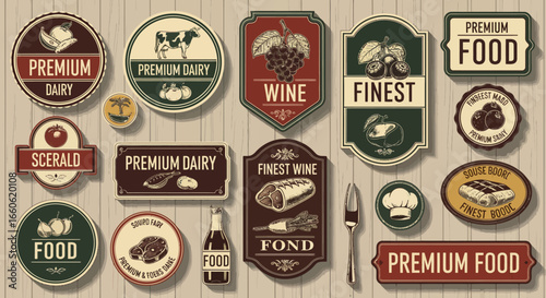 Collection of Vintage Food and Drink Labels on Rustic Wooden Background for Premium Product Packaging Design