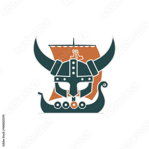 Emblematic Viking Warrior Helmet with Horns and Longship Silhouette Representing Norse Mythology and Ancient