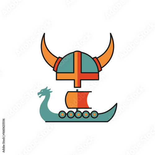 Stylized Graphic Representation of a Viking Warrior Helmet and a Dragon Longboat Symbolizing Norse Heritage and Ancient