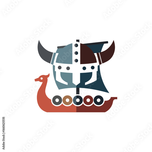 Stylized Viking Helmet and Longship Icon Illustration Representing Norse Mythology and Ancient Scandinavian Culture