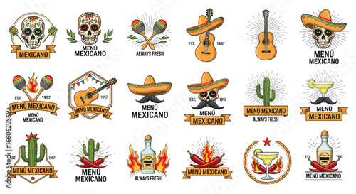 Vibrant Collection of Mexican Restaurant Logos and Emblems Featuring Traditional Cultural Elements and Food Icons