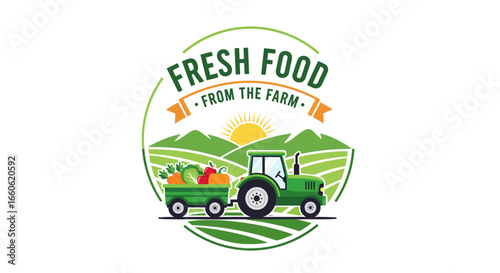Vibrant Farm Fresh Food Logo with Green Tractor Hauling Organic Vegetables Through Fields Under a Bright Sun