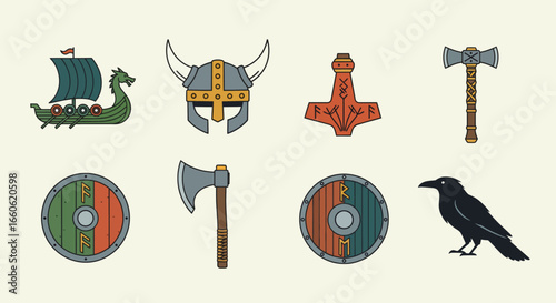 Viking Age Symbols and Mythology Collection Featuring Ancient Norse Cultural Elements and Historical Artifacts