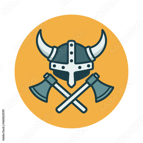 Viking Helmet with Horns and Crossed Axes Illustration on a Circular Yellow Background, Representing Strength