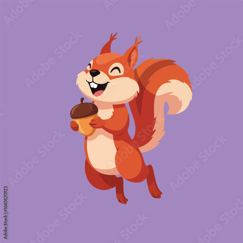 A cartoon squirrel with a striped tail stands on a purple background, happily holding an acorn with both paws and showing its teeth.