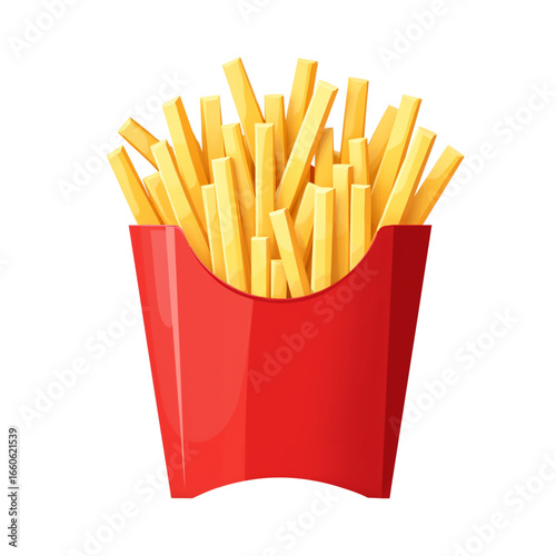 French fries in red container on white background  