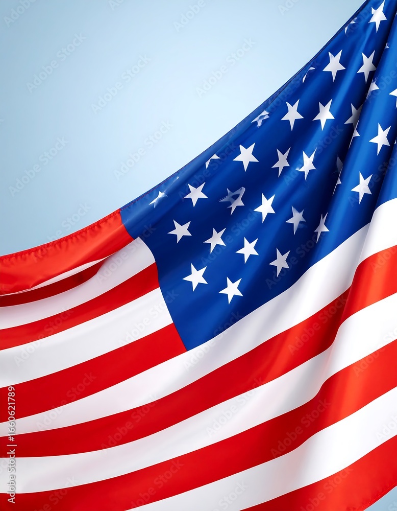 Obraz premium Draped American flag against a light blue backdrop