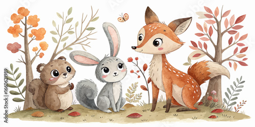 Watercolor illustration of a squirrel, rabbit, and fox in a forest setting with autumn leaves
