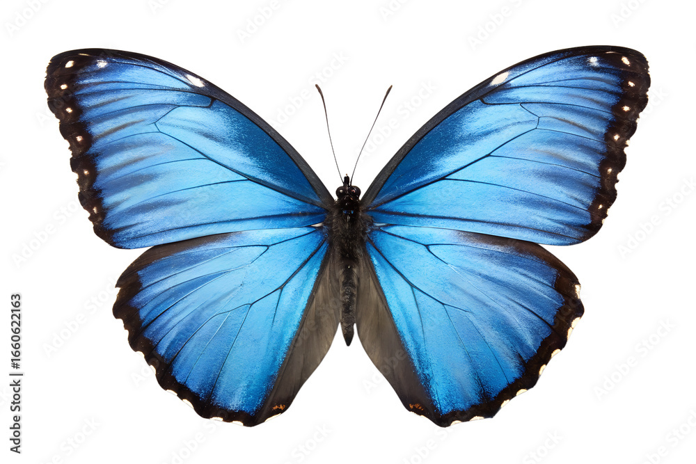 Obraz premium Stunning Blue Morpho Butterfly Vibrant Wings on White Background