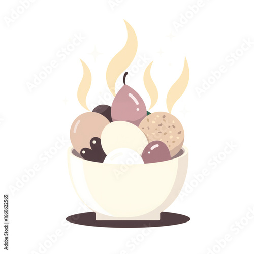 Ice cream bowl with assorted flavors and steam rising above  