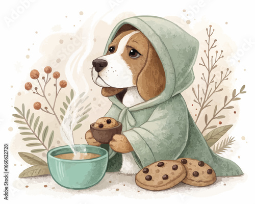 Watercolor beagle in a hooded cloak enjoying hot beverage with cookies and botanical elements around it