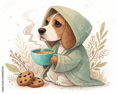 A beagle wearing a robe holding a steaming cup of tea with cookies in a whimsical setting outdoors