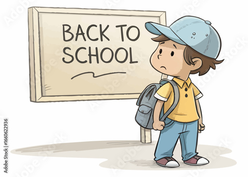 Cartoon of a sad boy with a backpack standing next to a back to school sign on a white background