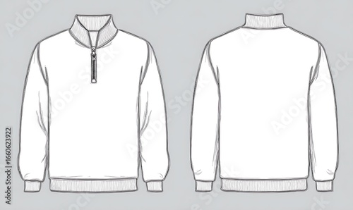Quarter zip sweatshirt. Men's casual clothing. Vector technical sketch. Mockup template