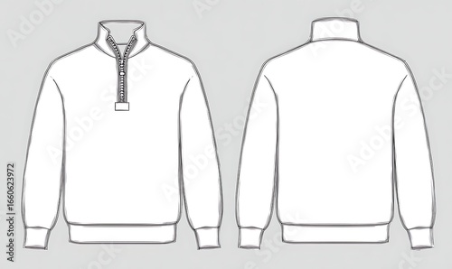 Quarter zip sweatshirt. Men's casual clothing. Vector technical sketch. Mockup template