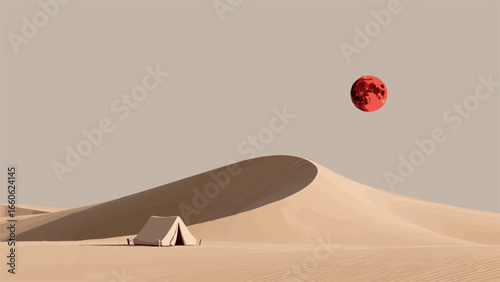 Minimal desert tent and red moon surreal landscape