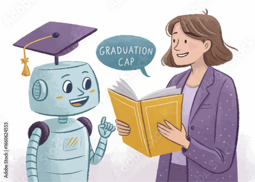 Illustration of a robot wearing a graduation cap and a woman reading a book with graduation cap text