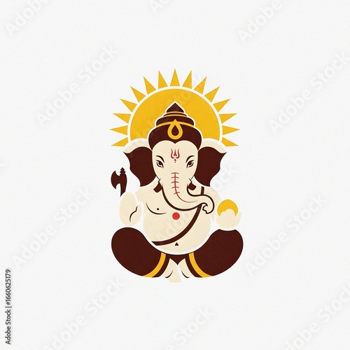 A simple flat vector logo of Ganesha, with a sun in the background, in brown and yellow colors on a white background.
