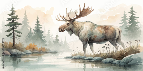 Watercolor painting of a moose standing near a river with trees in the background on a foggy day