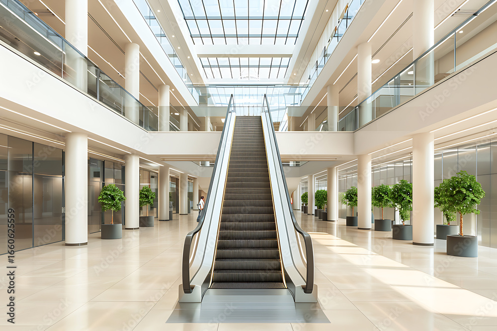 Obraz premium 緑の植栽と調和した明るいビジネスロビーのエスカレーター