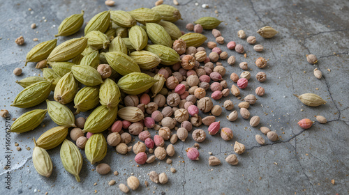 Detailed view of numerous whole cardamom pods and pink peppercorns arranged on a grey stone surface