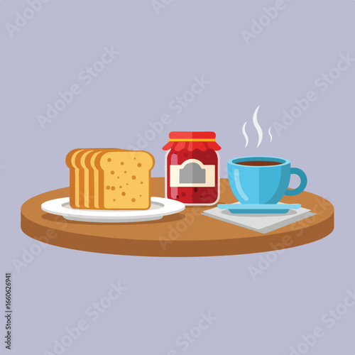 A cartoon image features a breakfast setup with toast on a plate, a jar of jam, and a steaming cup of coffee, all neatly arranged on a round tray.