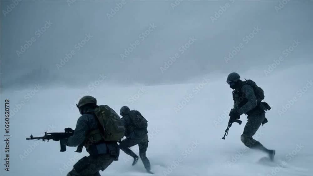 A soldier in winter gear walks through deep snow towards a helicopter in a snowy landscape. The scene conveys a sense of urgency and survival in harsh conditions. A soldier in winter gear walks through deep snow towards a helicopter in a snowy landscape. The scene conveys a sense of urgency and survival in harsh conditions.
