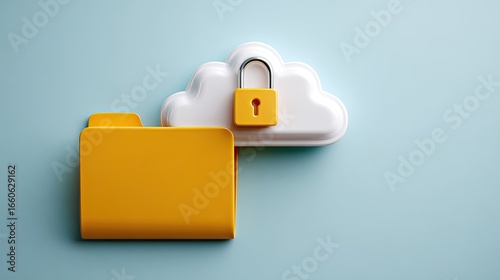 Secure Cloud Data Protection A Yellow Folder And Padlock Icon On A White Cloud Against A Light Blue Background Illustrates Secure Cloud Storage And