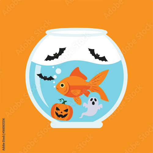A cartoon drawing features a goldfish in a bowl filled with water, accompanied by a pumpkin, a ghost, and bats, all set against an orange backdrop.