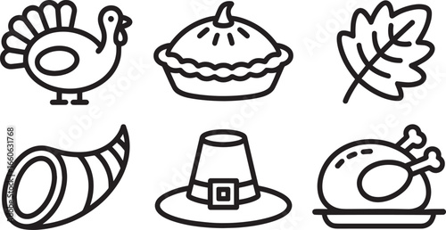 Autumn Harvest Icons Set Outline Style Turkey Pie Leaf Cornucopia Pilgrim Hat Roasted Bird