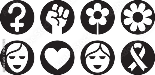 Feminist Icons Set in Black Circles: Gender Symbol, Fist, Flowers, Woman, Heart, Ribbon