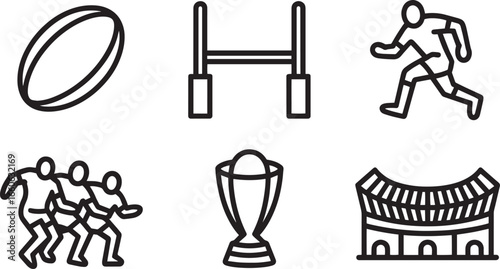 Rugby Icons Set Outline Style Ball Goal Post Player Scrum Trophy Stadium Symbols