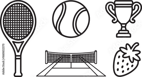 Tennis Icons Set Outline Style Racket Ball Court Net Trophy Strawberry Sport