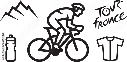 Tour de France Icons Set Outline Style Cyclist Mountain Water Bottle Jersey Typography