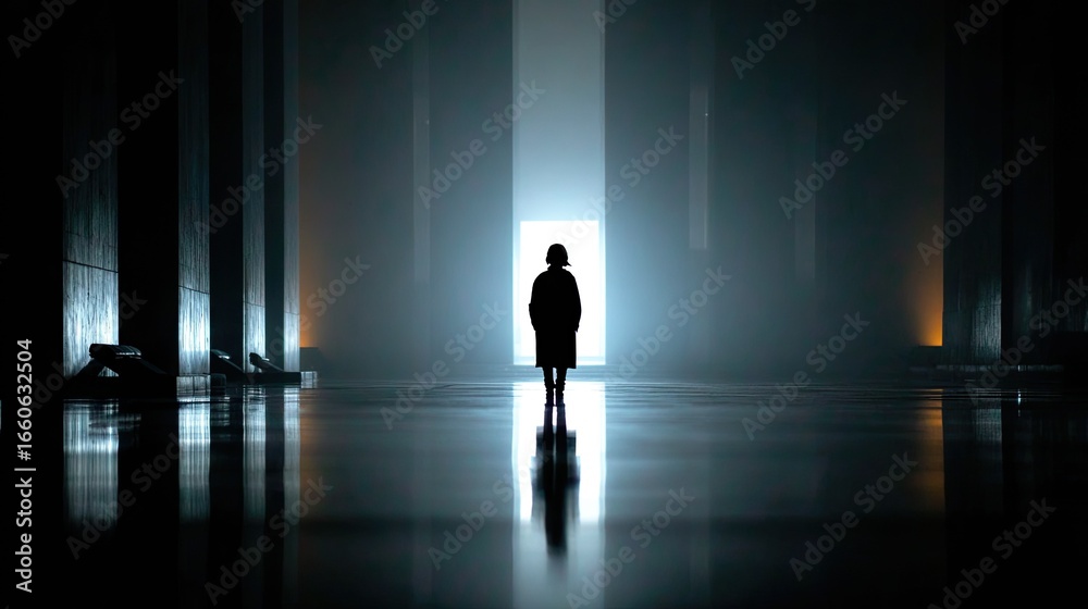 Silhouette Of A Person In A Dark Hallway Approaching A Bright Doorway, Reflection On A Wet Floor, Mysterious Atmosphere, Aspirational Journey Concept Silhouette Of A Person In A Dark Hallway Approaching A Bright Doorway, Reflection On A Wet Floor, Mysterious Atmosphere, Aspirational Journey Concept