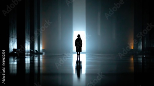 Wallpaper Mural Silhouette Of A Person In A Dark Hallway Approaching A Bright Doorway, Reflection On A Wet Floor, Mysterious Atmosphere, Aspirational Journey Concept Torontodigital.ca