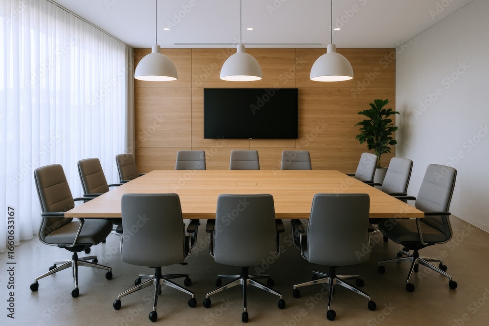 Fototapeta premium Modern Conference Room with Large Table, Chairs, and Media Screen for Business Meetings