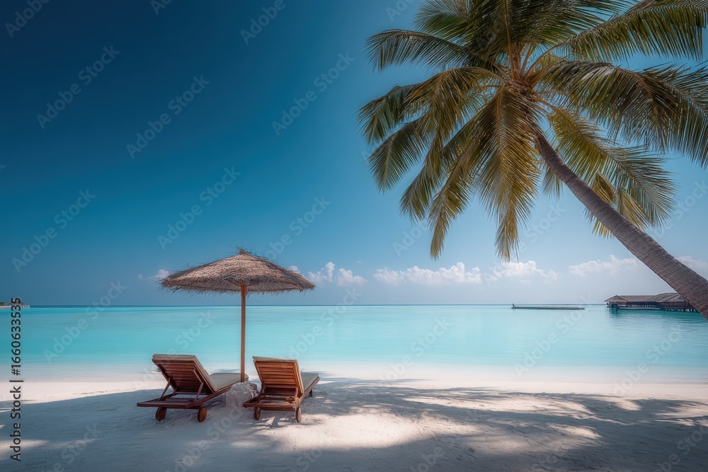 Fototapeta premium Tropical Paradise Beach Scene with Palm Tree, Lounge Chairs, and Turquoise Ocean View