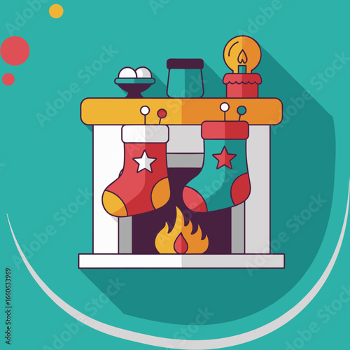 Holiday stockings hanging on colorful mantel with candle and decor  