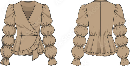 Cad drawing flat vector illustration of ruffle wrap top with tiered puff sleeves and peplum hem, front and back view, fashion template